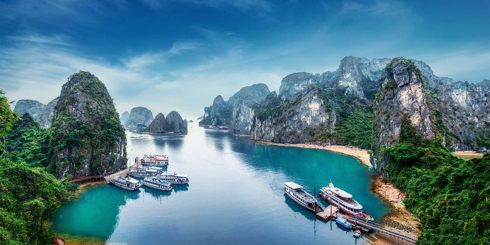 Aerial shot looking down to the boats docked at Ha Long Bay in Vietnam