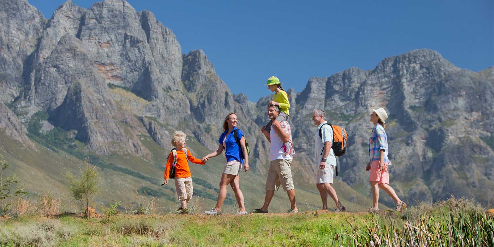Family including grandparents on a walking holiday in Austria.