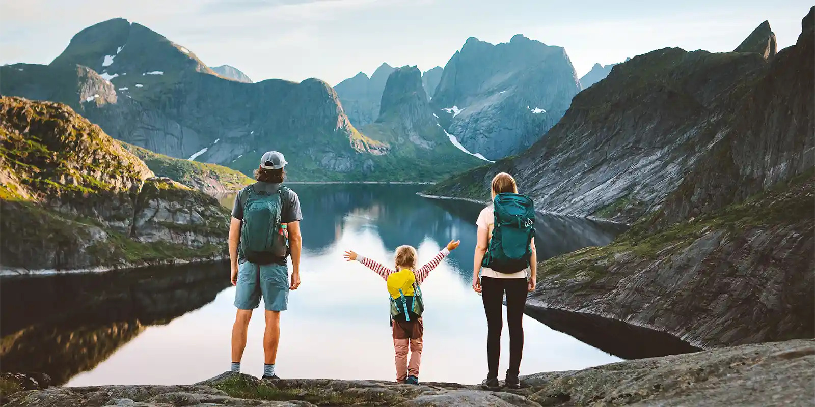 Family on a hike in the fjords, Norway