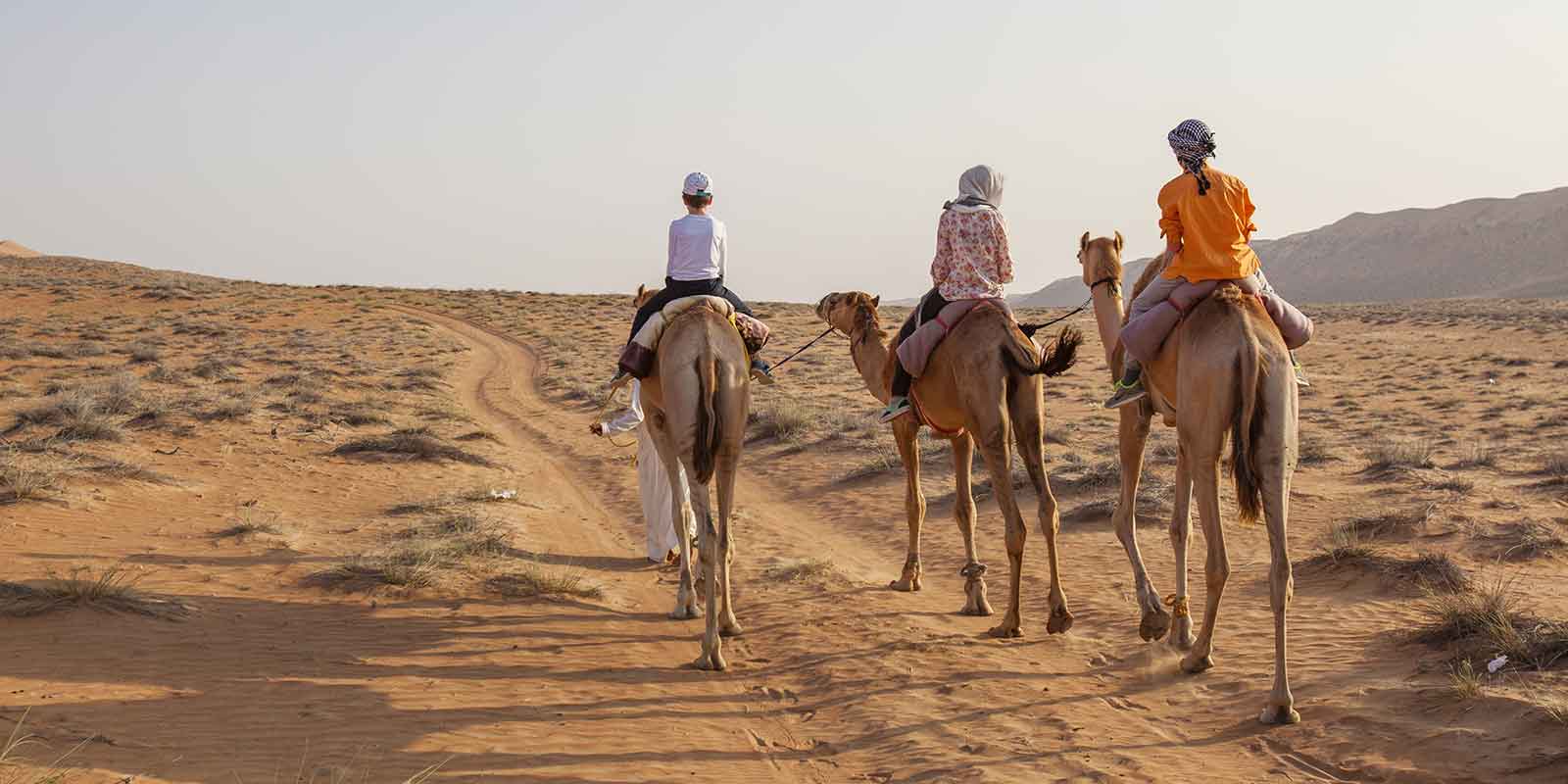 Family camel trekking in desert in Oman