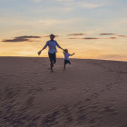 Parent and child running down a sand dune in Namibia