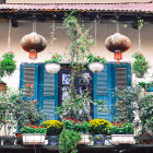 Blue shutters on a house in Hanoi's Old Quarters in Vietnam
