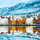 Colourful buildings on the harbour, with reflection in the water, in the winter in Bergen, Norway