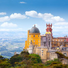 Aerial view of colourful Palace de Pena in Portugal