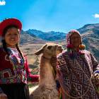 Native Peruvian group with llama in the Sacred Valley of Cusco, Peru
