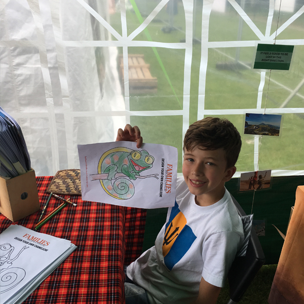 Design your own chameleon at Families Worldwide stall at Alresford Music Festival