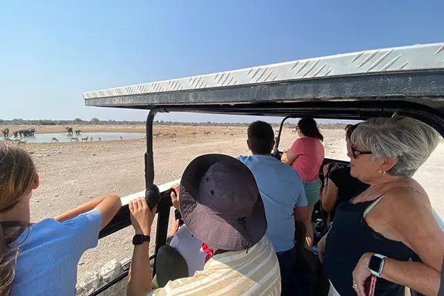 Family in land cruiser observing wildlife in Namibia.