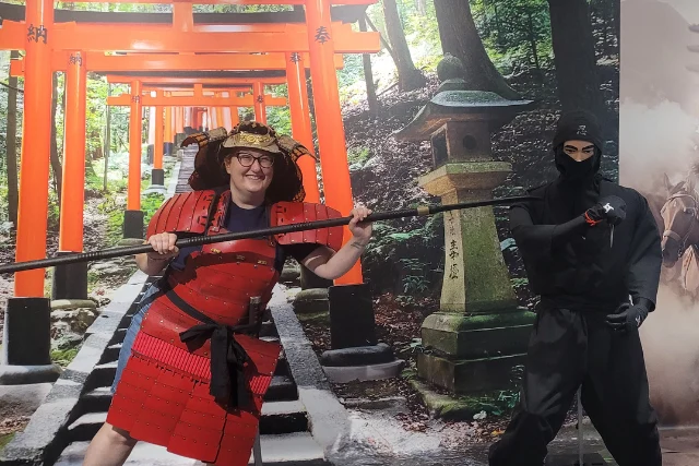 Travel consultant Jenny dressed as a samurai, at the Sumurai & Ninja Museum, Japan.