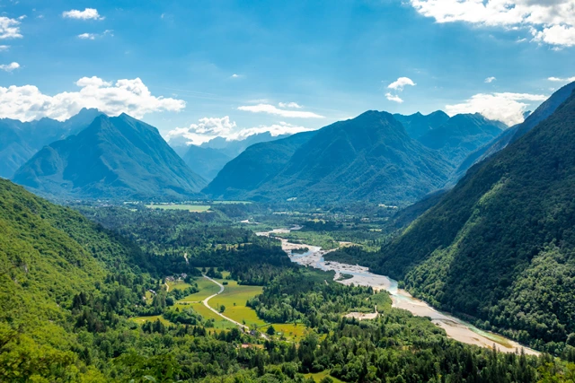 Aerial of Soca Valley in Slovenia