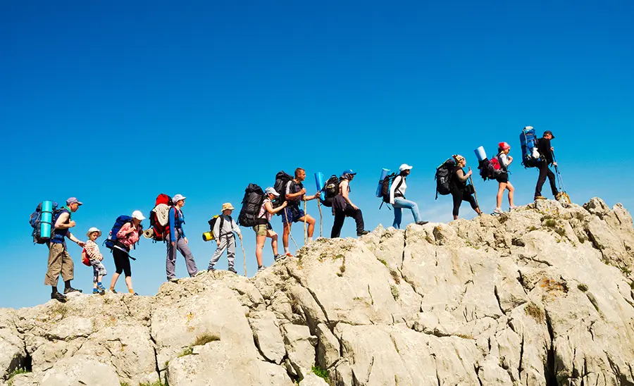 Group hiking in the Carpathians