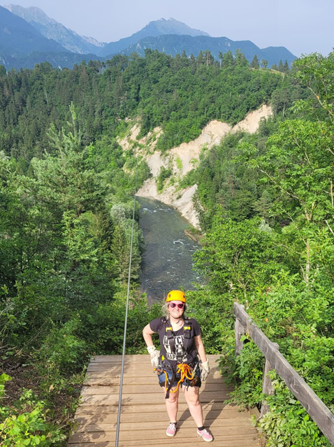 Team member Jenny ziplining in Slovenia.