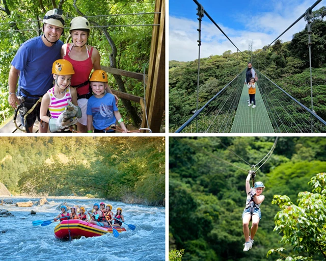 Collage of four photos from a Costa Rica wildlife holiday - ziplining, hanging bridges, rafting and ziplining