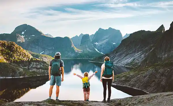 Family on a hike in the fjords, Norway