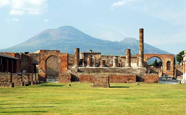 Pompeii ruins with Mount Vesuvius in background